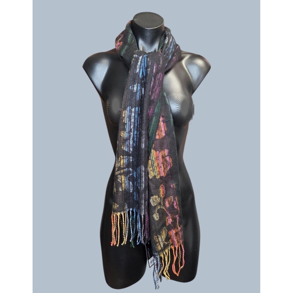 Cejon Scarf Women One Size Black Multicolor Floral Stripe Fringe Knit Italy Luxe